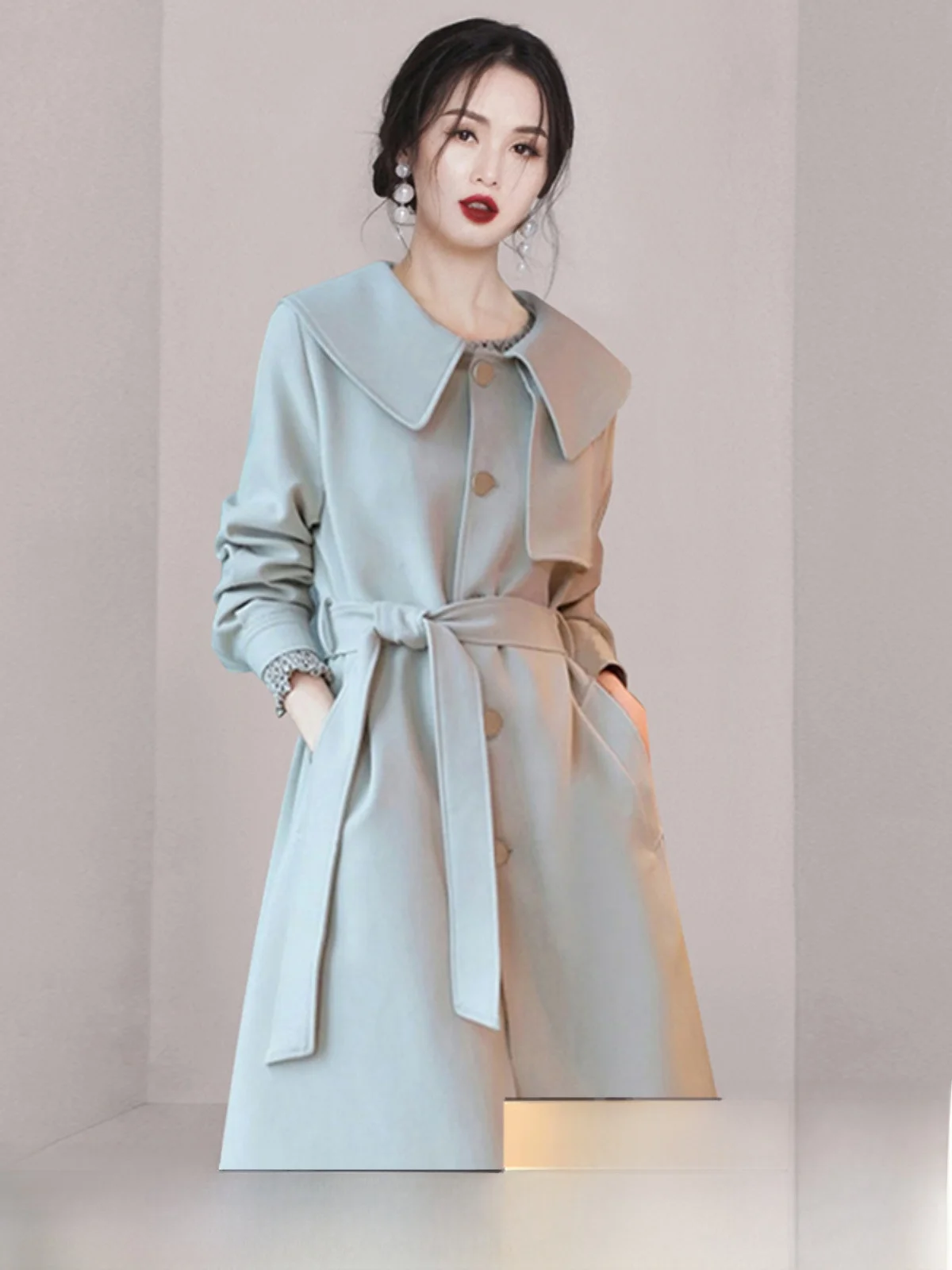 Ladies' Fashionable Woolen Coat Spring Autumn Winter Mid-Length Thickened Korean Style Long Sleeve Single Button Closure