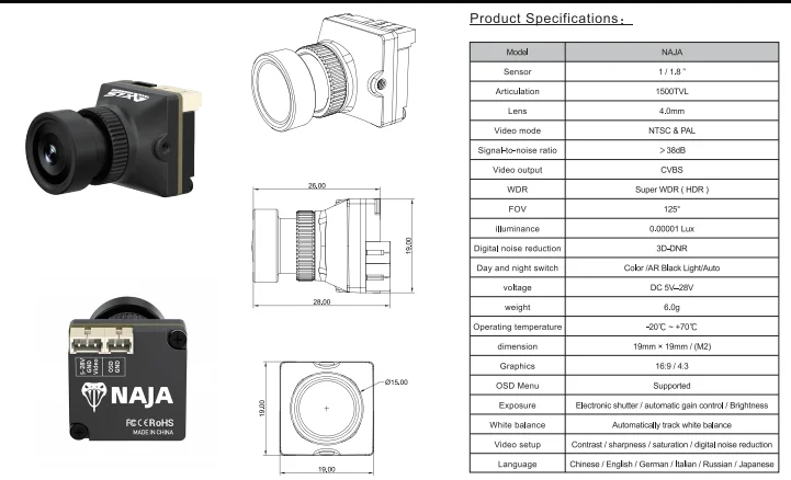 

Axisflying FOV125 ° Камера NAJA 1:1,8 датчик 1500TVL шарнирный объектив 4,0 мм 19*19 мм FPV камера для RC FPV гоночного дрона