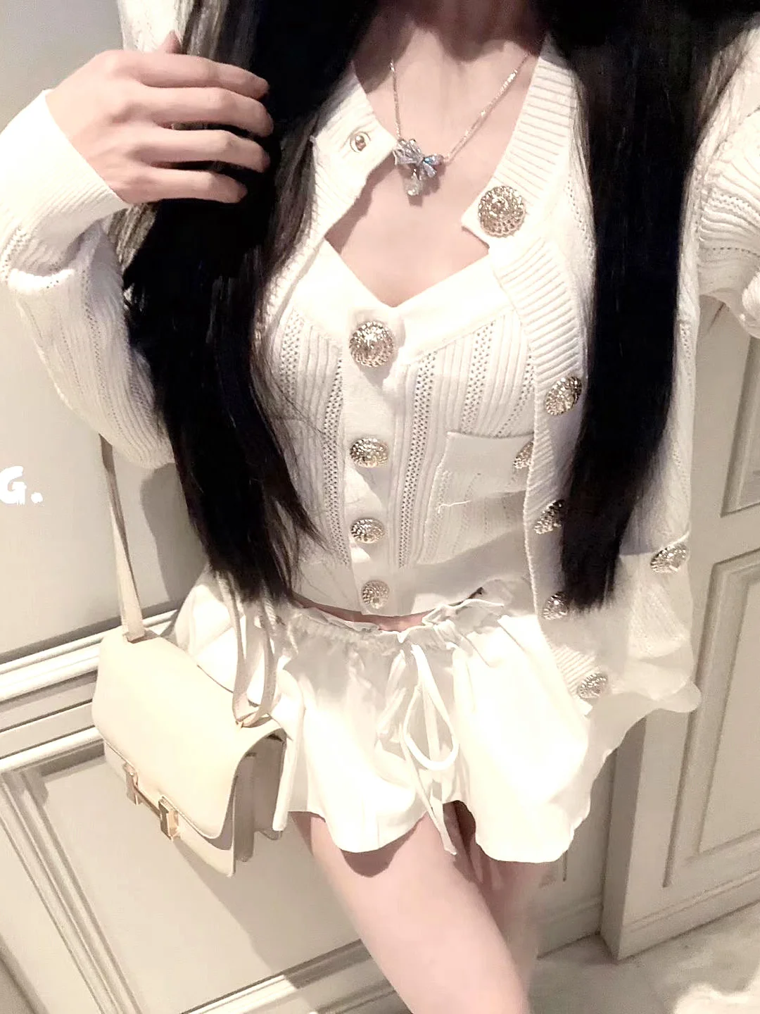 

LXYG2026 Spring Summer Slim Fit Metal Buckle Strap Vest Knitted Cardigan Two Piece Set Top French Style Luxury Ice Silk V Nec...
