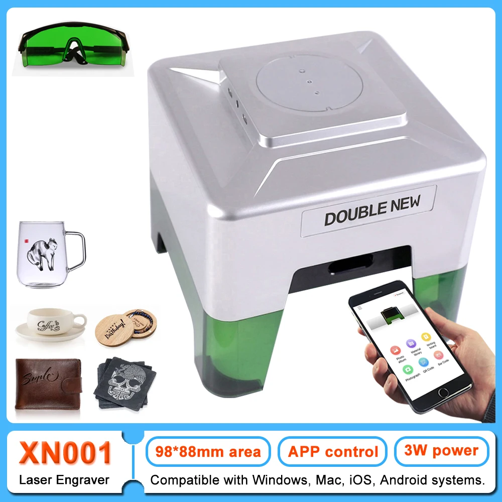 DOUBLE NEW Wireless Laser Engraver 98*88mm Engraving Area 3W Laser Carving Tool Mini DIY CNC Machine Bluetooth/Type-C Connection