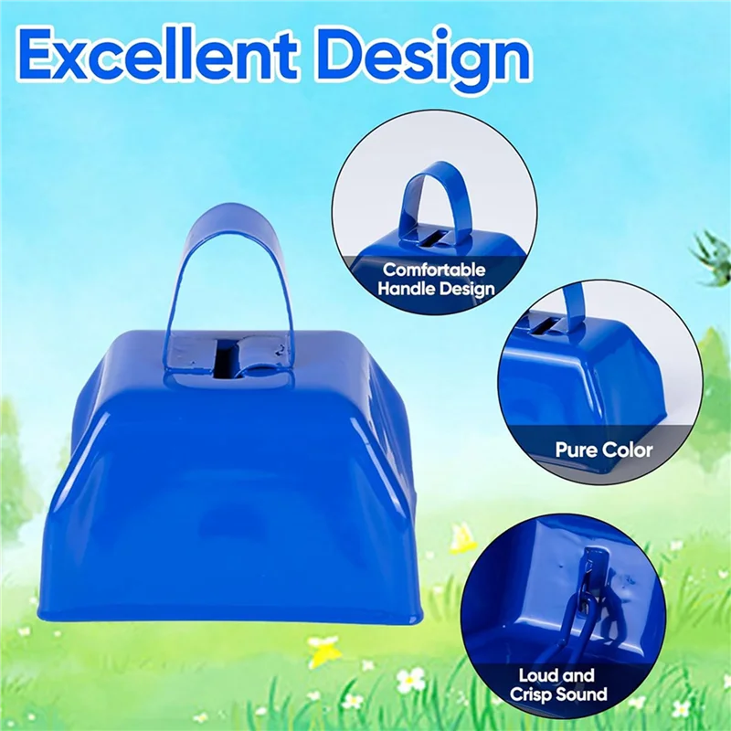 

MOPHE-Cow Bells Noise Makers Cheering Bell: 24 Pcs Metal Cowbells With Handle For Sporting Events - Small Loud Bell Blue