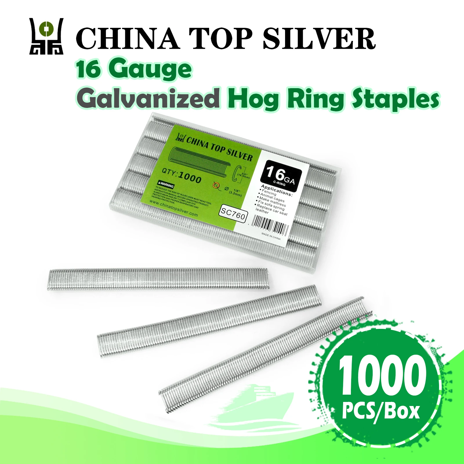 China-top Silver SC760 16 Gauge 12.5mm Inner Crown Galvanized Steel or 304SS Hog Ring Staples, for Fencing, Wire Cages, Seats