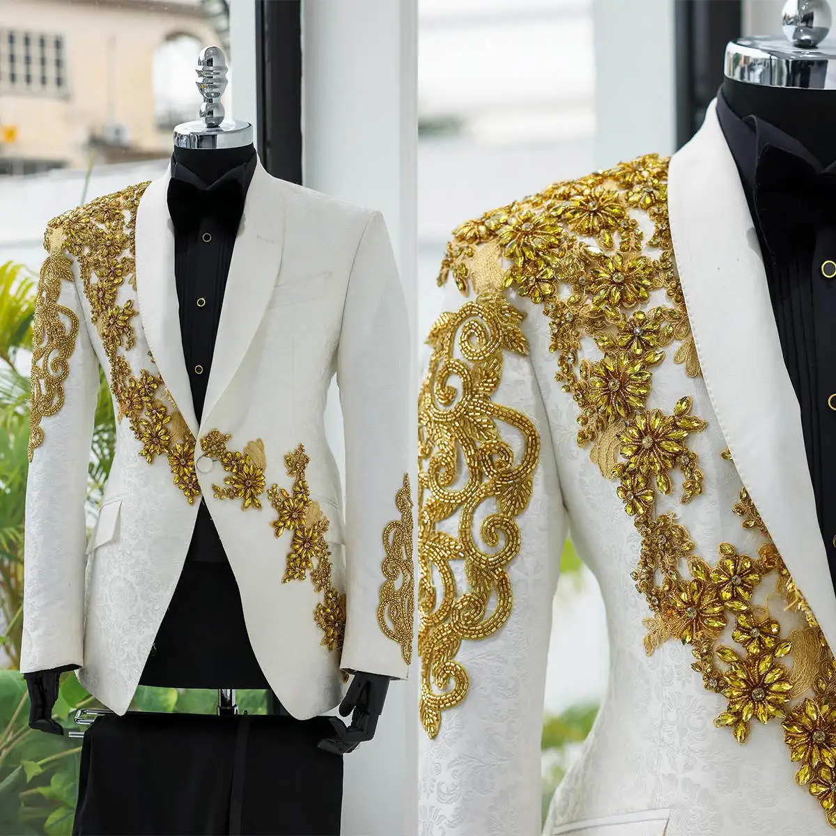 

2 Pcs Blazer Pants Classic Men Wedding Suits Shawl Lapel Crystal Appliques Tuxedos For Groom For Party Prom Custom Made