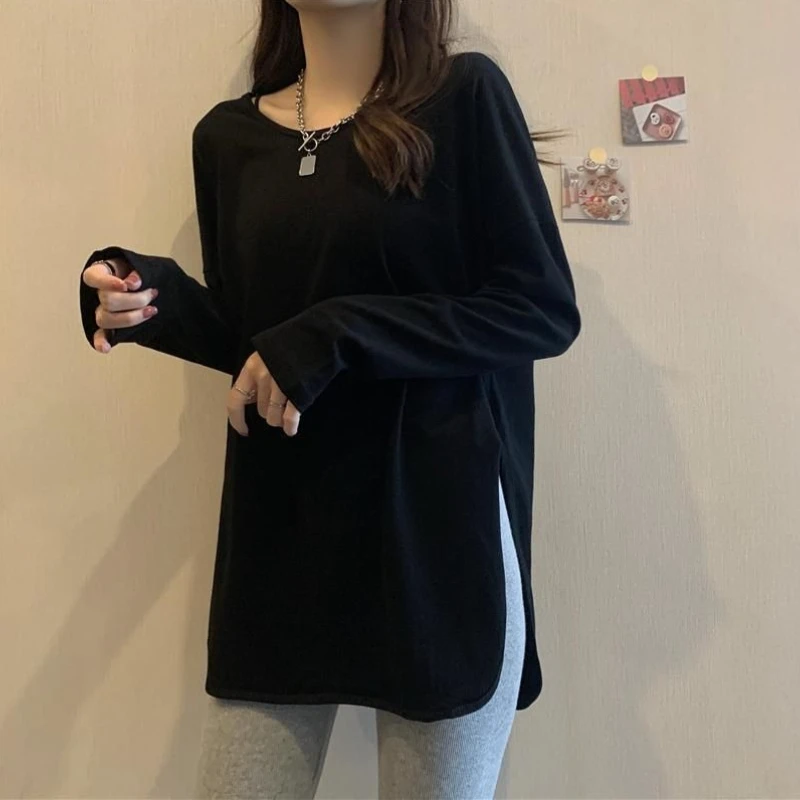 Women Long Sleeve Tunic Top Black Solid Color Loose Side Slit Casual Tshirt Spring Autumn Tummy Control Midi Layering Tee