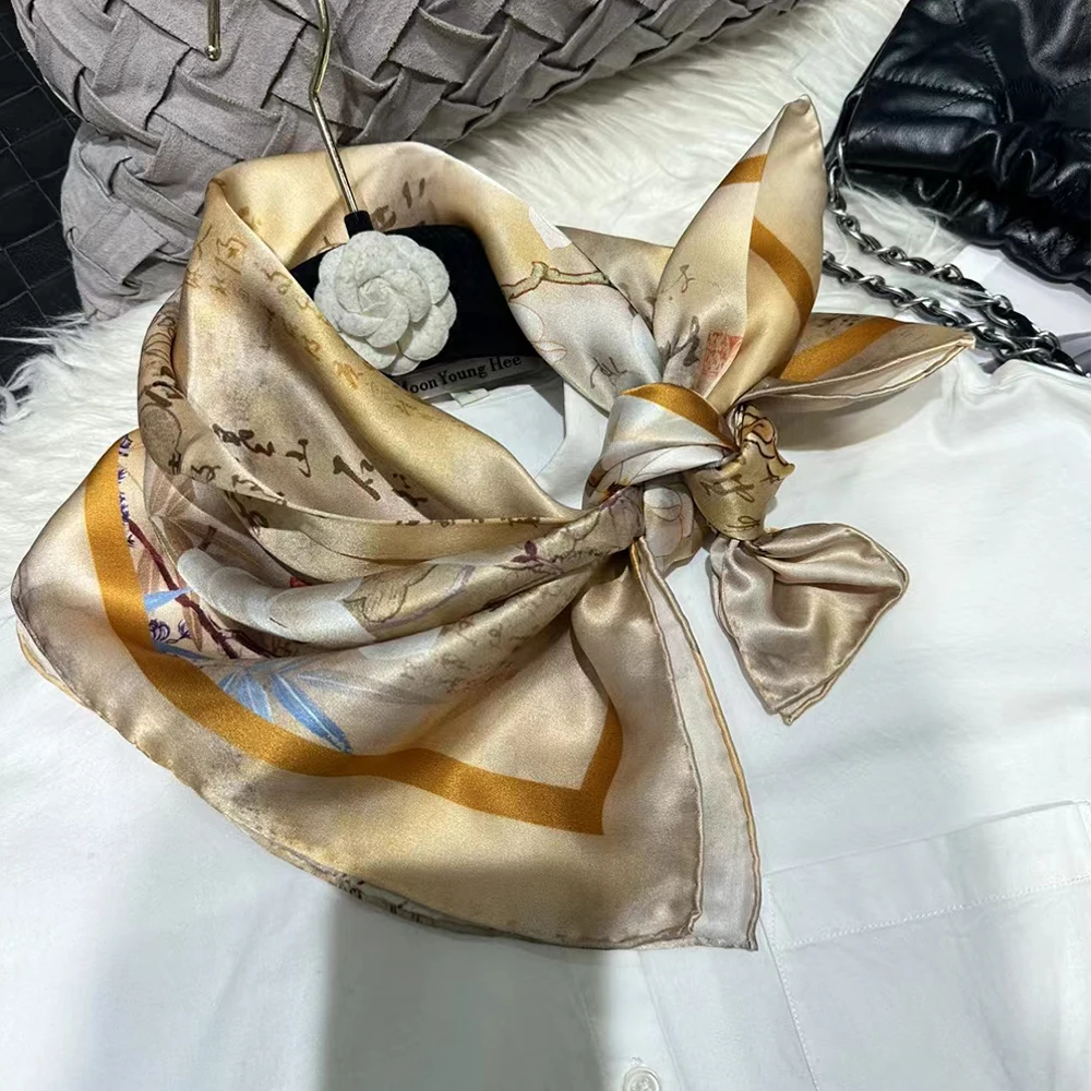 BYSIFA|Khaki Letters Ladies 100% Silk Scarf Fall Winter New China Style magnolia Large Scarves Shawls Fashion Summer Beach Cape