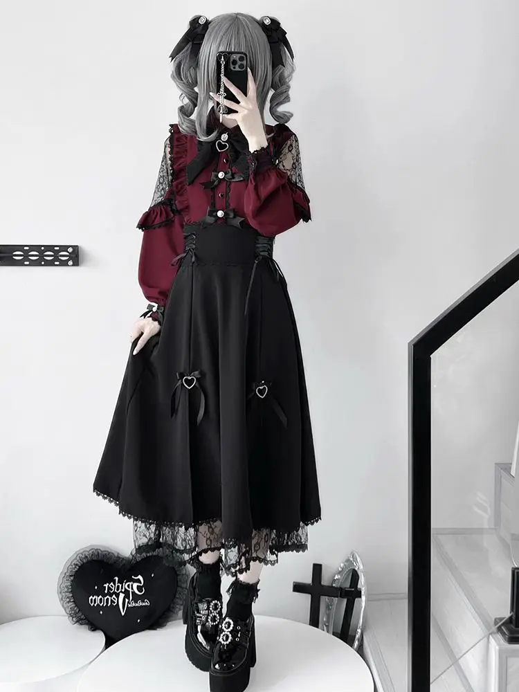

Japanese Lolita Burgundy Lace Patchwork Shirts Women+ 2025 Summer New Slim Waist Mid-length Black Skirts Two Piece Sets