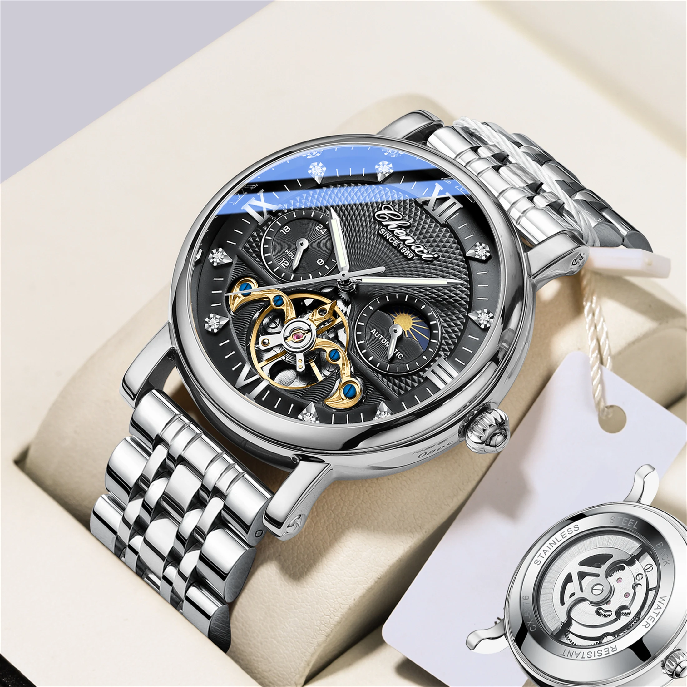 Fashion cool automatic mechanical watch Sun Moon phase tourbillon waterproof leather strap alloy case men\'s watch Relogio Homem