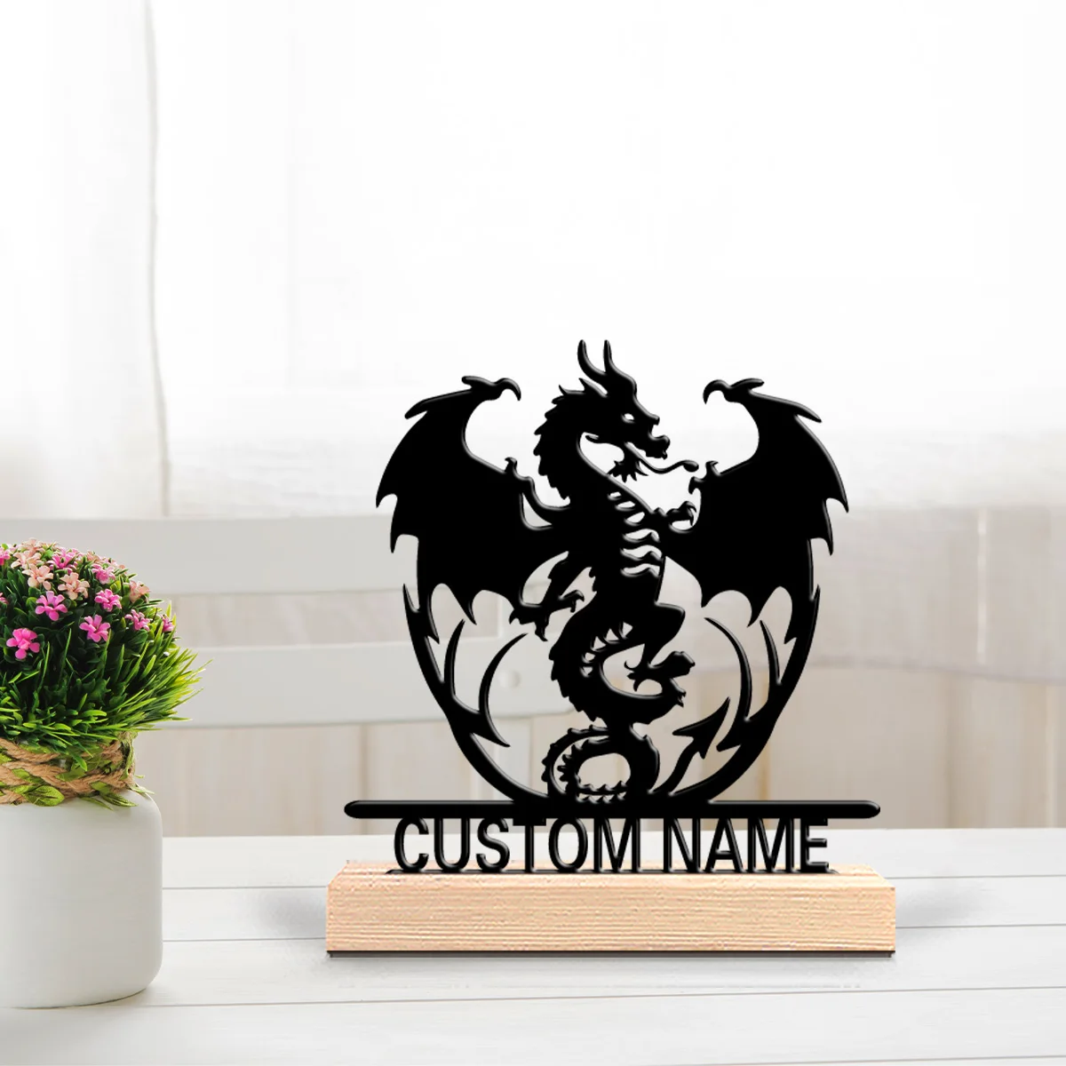 1 Stück romantische personalisierte individuelle Drachen-Metallstatuen Desktop-Skulptur mit Holzsockel, geeignet für Büro, Schlafzimmer, Wohnzimmer R