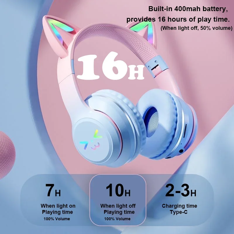 Novo gradiente-cor gato orelha fones de ouvido bluetooth sem fio estilo over-ear ideal para música telefone móvel com grande capacidade da bateria