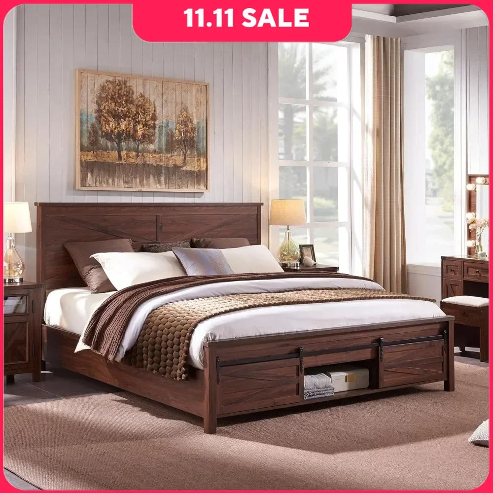 

Bed Frame Queen with Sliding Barn Door Storage Cabinets & Headboard Solid Wood Slats Support No Box Spring Needed，Wood Bed Frame