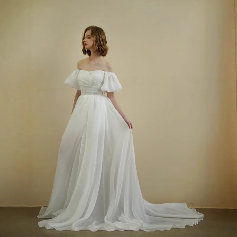 

Original Real Shot Off-Shoulder Puff Sleeve Vintage Princess Sweet Bride Wedding Dress Photo Travel Outdoor Lawn Light Gauze