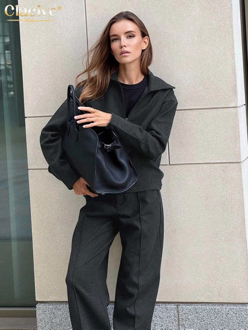 Clacive Fashion Loose Gray 2 Piece Sets Women Outfit 2025 Elegant Long Sleeve Shirt With High Waist Wide Pants Set Streetwear