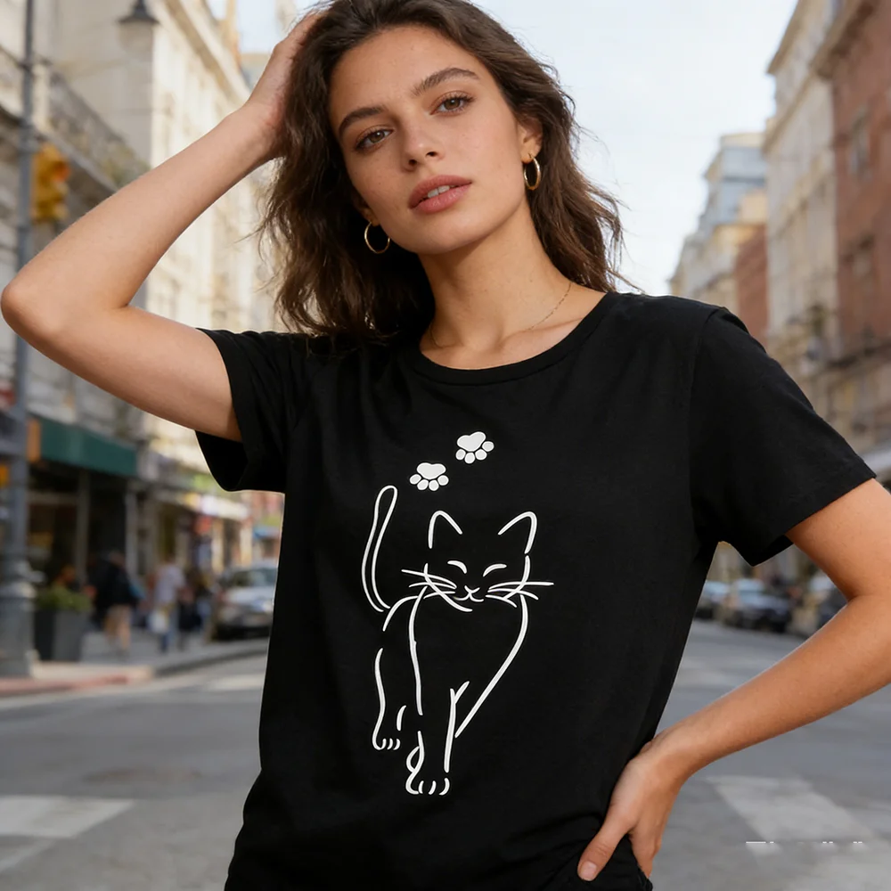 Black Cat Line Art T-Shirt for Women Classic Short Sleeve Top