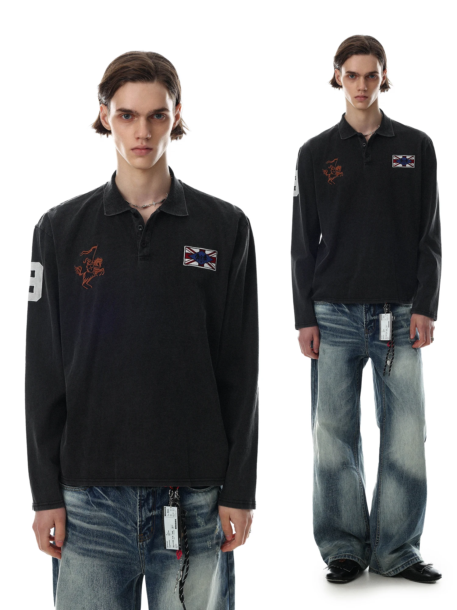Retro American Embroidered  Collar Long Sleeve Loose Casual Top for Men Breathable Sweat Absorbent Cotton Vintage Pattern