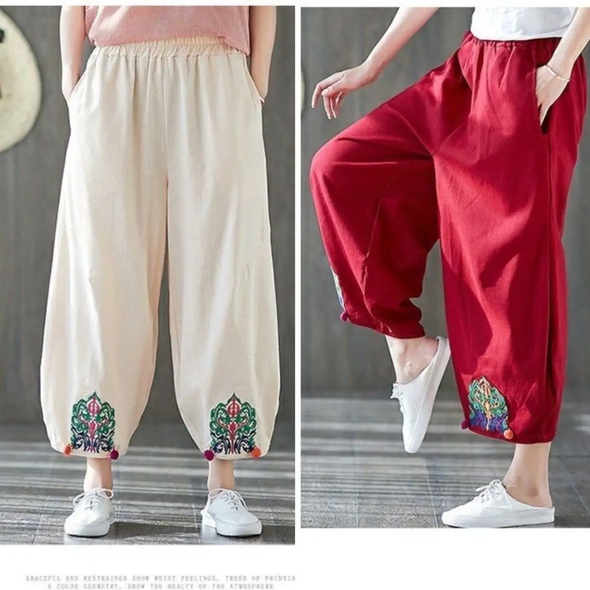 

Retro Style Women's Lantern Pants High Waist Asymmetric Embroidery Nine Points Loose Fit Dad Pants for Square Dancing