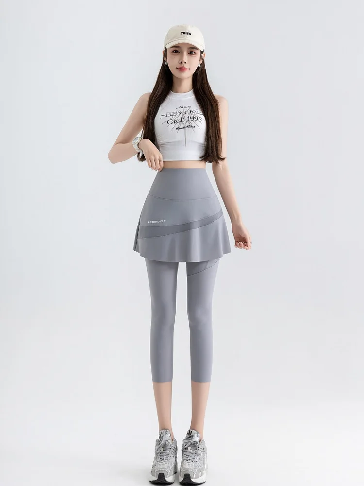 Calças de Yoga de Cintura Alta com Efeito de Duas Peças para Mulheres, Saia para Uso ao Ar Livre na Primavera e Outono, Calça...