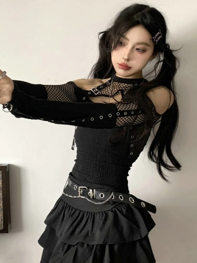 Nuovo gotico punk scuro grunge a rete set da 2 pezzi donna design patchwork Y2k top + gonne moda nero vintage streetwear autunno