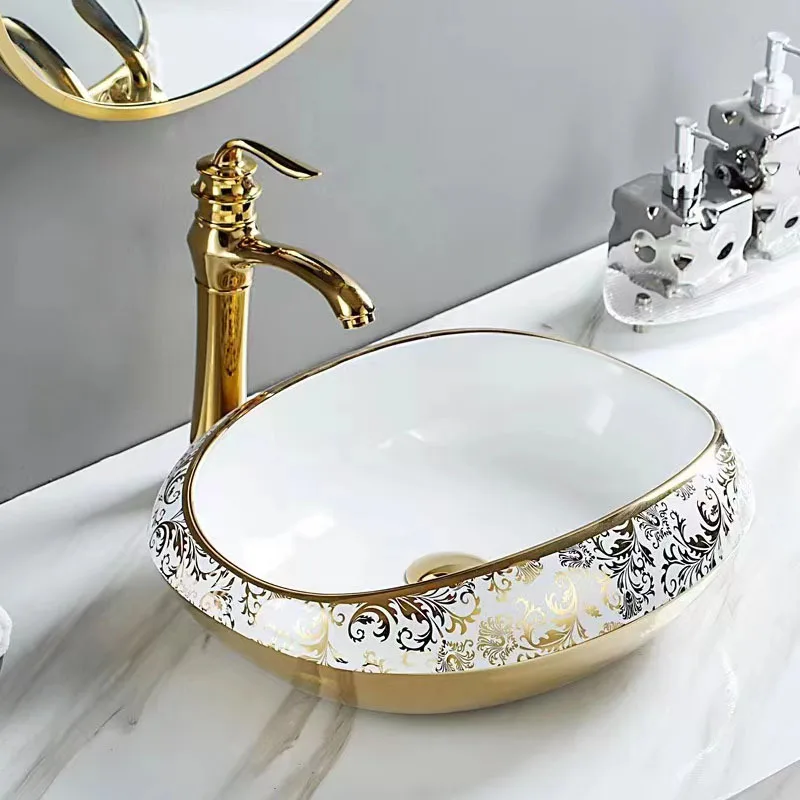 

Ceramic counter basin hotel household bathroom cabinet electroplated ceramic wash basin hotel