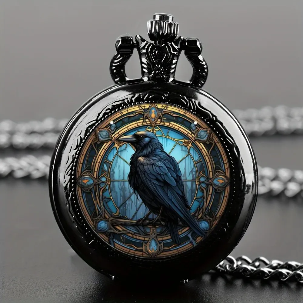 Vintage Unique Crow Black Quartz Pocket Watch - Necklace Pendant With World Time Feature, Ideal Gift For Men & Women and Kids