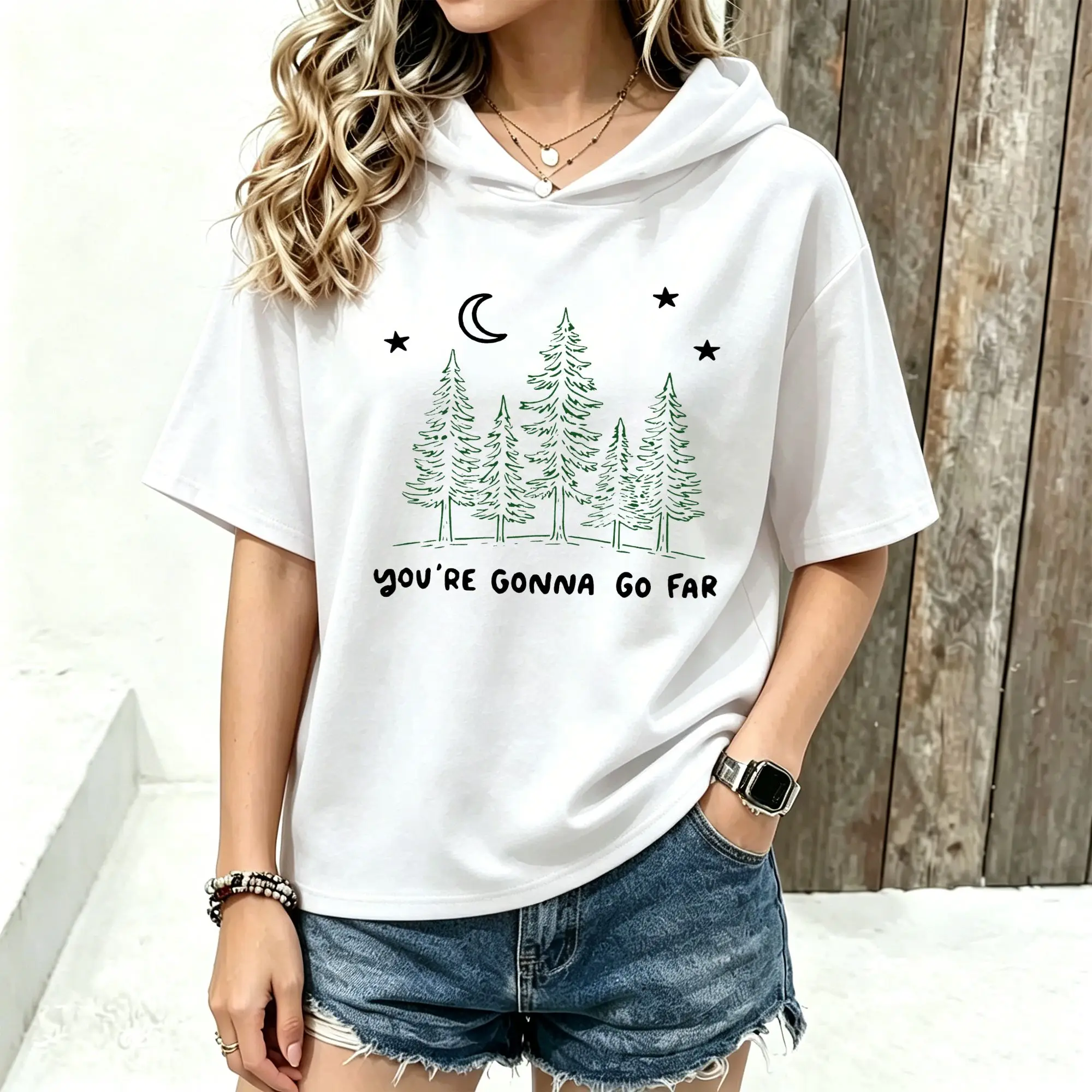 Women Short Sleeve Hoodie Forest Moon Star Letter Print Spring Summer Casual Loose Hooded Tops