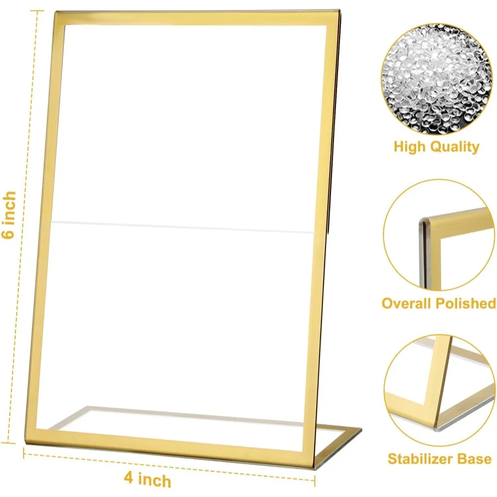 6-Pack 4x6 Gold Picture Frames Clear Frameless Acrylic Self-Standing Photo Frames for Wedding Table Numbers Restaurant Signs Art