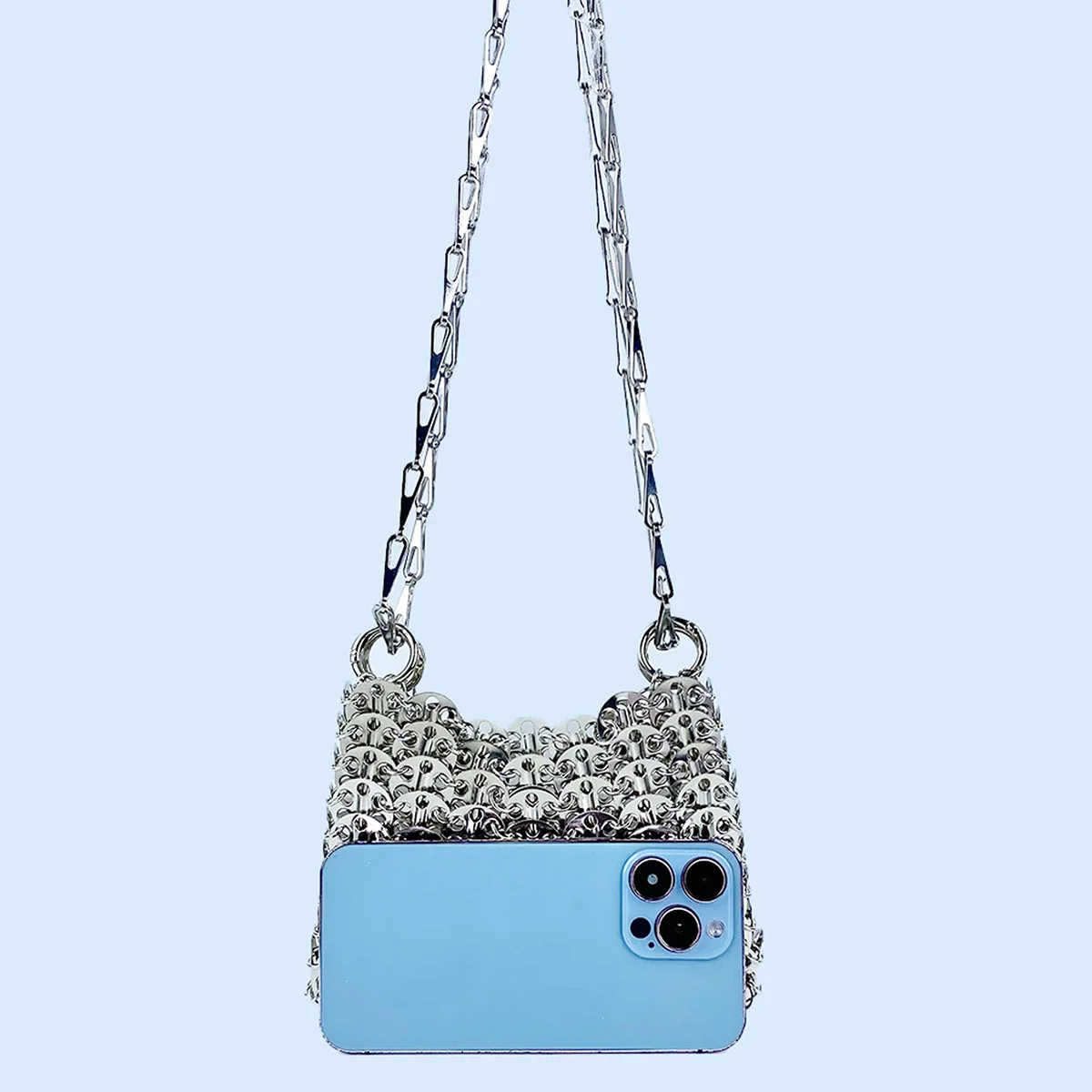 Silver Shiny Bag Handmade Woven Beaded Sequin Bag Mobile Phone Bag Long Shoulder Strap Single Shoulder Crossbody Bag for Women