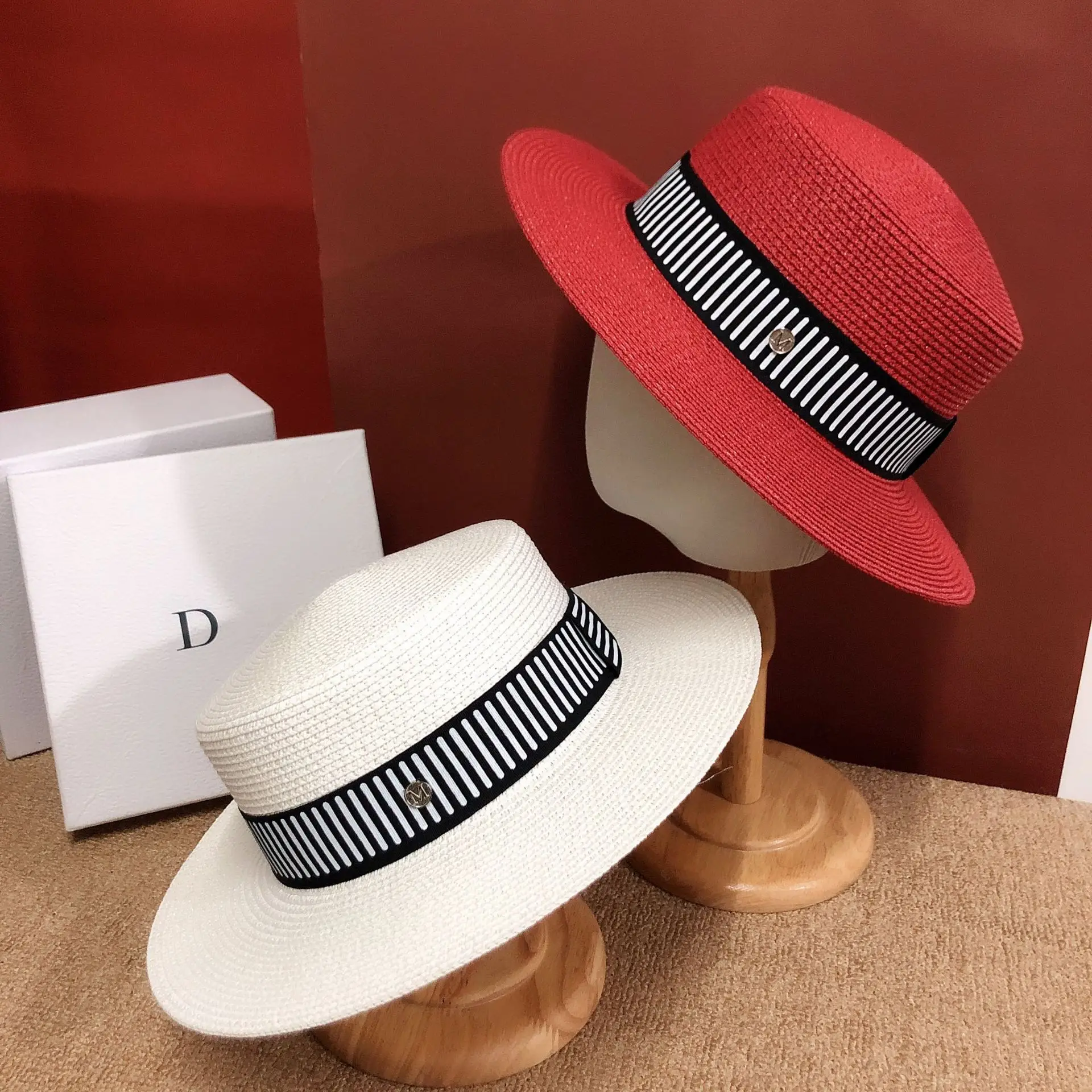 New Summer Women\'s Boater Beach Hat Wide Side Female Casual Panama Hat British striped Hepburn style Straw Sun Hat Women