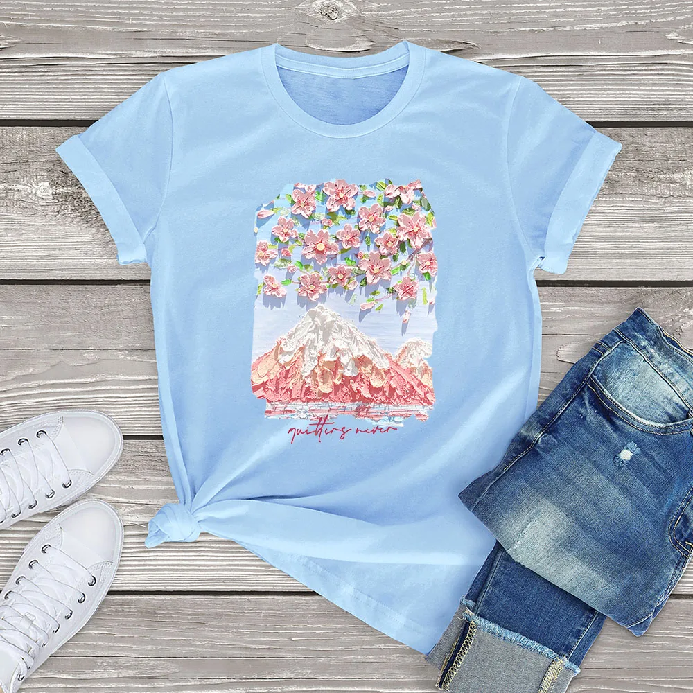 FLC 100% Cotton Fashion Oil Painting Art Cherry Blossom Clothing Gift Women Short Sleeve TShirt Oversized Casual Scenery Printed