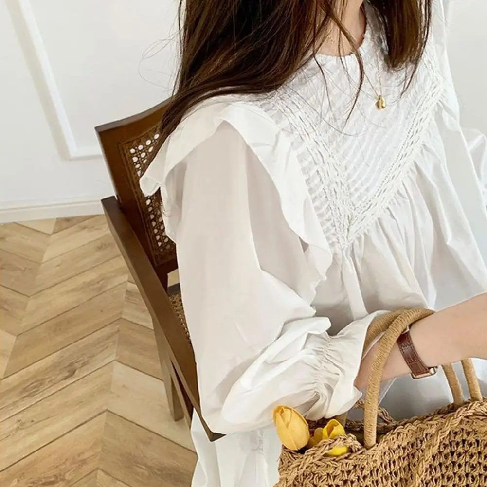 Blouse Elegant Ruffle Trim Blouse Lantern Sleeve Pullover Top Loose Fit Solid Color Shirt for Women Stylish Wear Option Stretchy