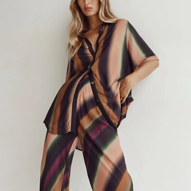 

Elegant Half Sleeve Shirt Top High Waist Pants Vacation Outfits Tracksuit Loungewear Summer Stripe Two Piece Pants Set for Women