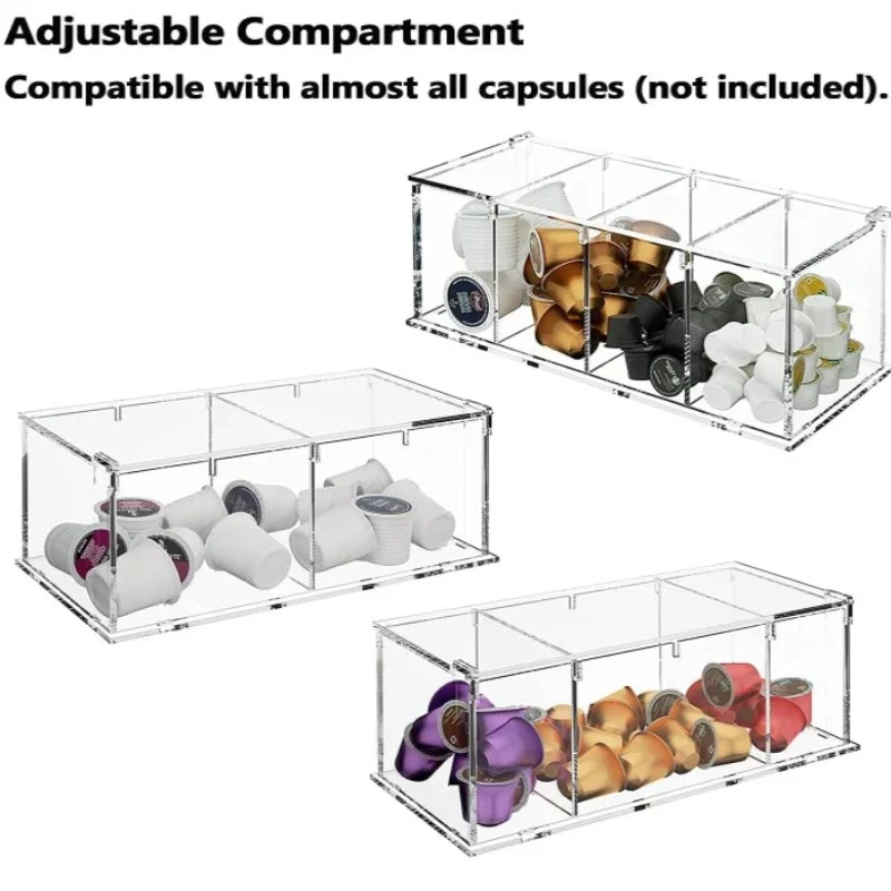 4-Partition Acrylic Storage Box with Lid for Nespresso Capsule Holder Kitchen Tea Bag Sundries Cosmetics Desktop Organizer