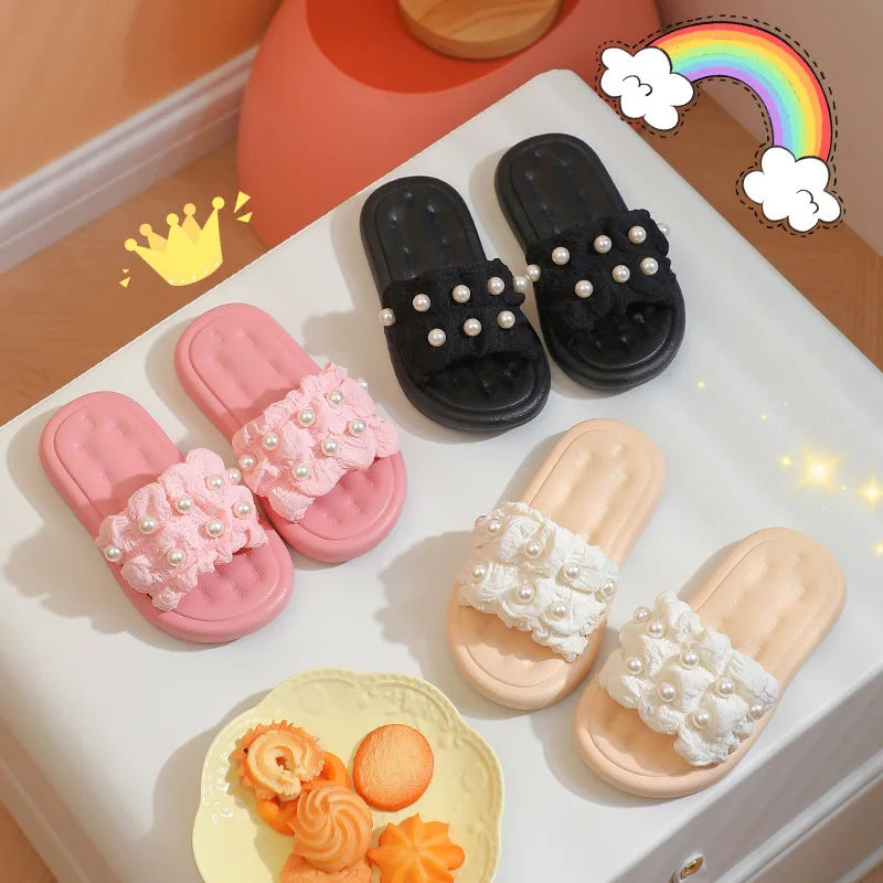 

Princess Style Pearl Girls Slippers Soft Sole Breathable One Strap Slides Summer Indoor Outdoor Shoes For Little Middle Kids