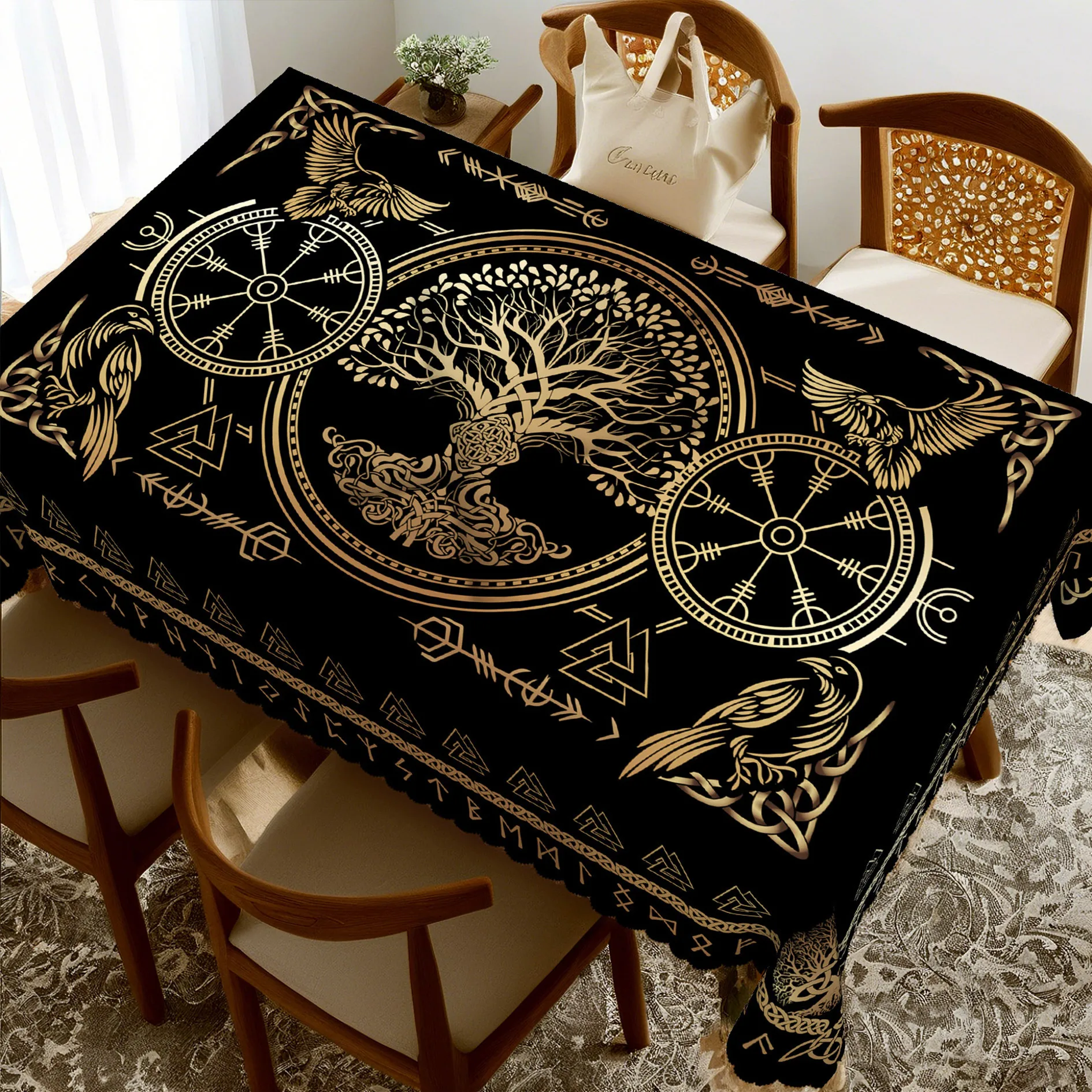 Goldene Wikinger-Krähe, rechteckige Tischdecke, Urlaub, Party-Dekoration, Baum des Lebens, nordische Runen-Symbole, Tischdecken für Küchentisch-Dekoration