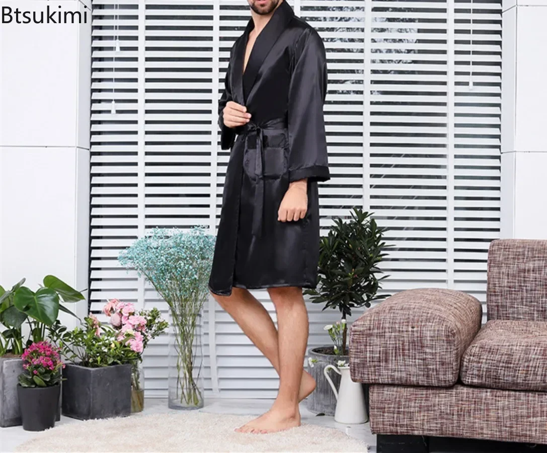 2024 Men\'s Summer Thin Pajamas Robes Men\'s Homewear Long Sleeve Kimono Bathrobe Black Silk Satin Sleepwear Male Lounge Nightwear