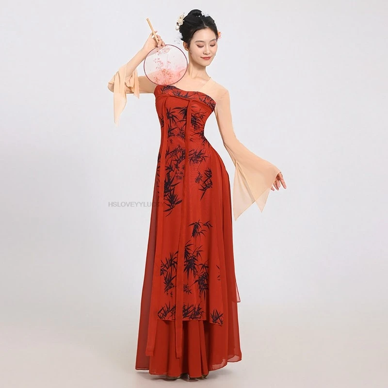 Chinese Vintage Folk Dance Dress Flower Print Mesh Ruqun dress+chiffon Pants Set Traditional Stage Performance Dance Set