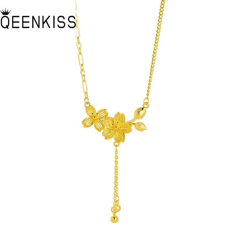 

QEENKISS Gold Flower Tassel Necklace+Rings For Women Wedding Birthday Party Christmas Bride Ladies Mother Girlfriend Gifts JS552