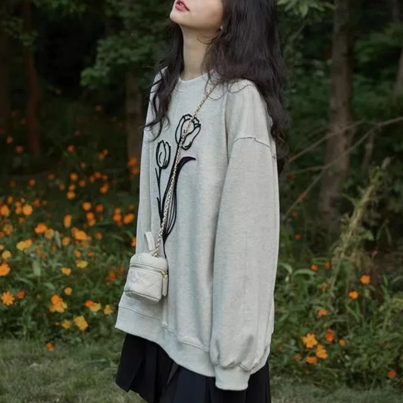 Fresh Sweet 2024 Women's Spring Autumn Splicing Pullovers O-Neck Printed Fashion Loose Minimalist Casual Long Sleeve Sweatshirts