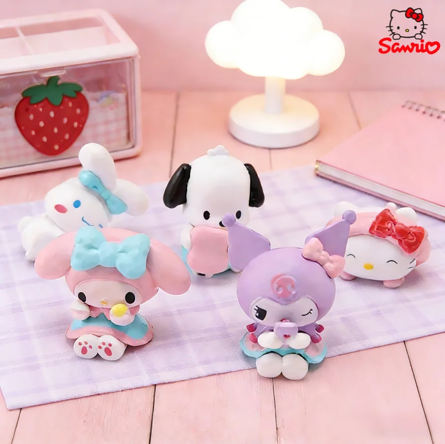

Kawaii 5Pcs-Set Sanrio Kuromi Cute Figure Hello Kitty Model Pom Pom Purin Action Figure Toys Pochacco Doll My Melody Gifts