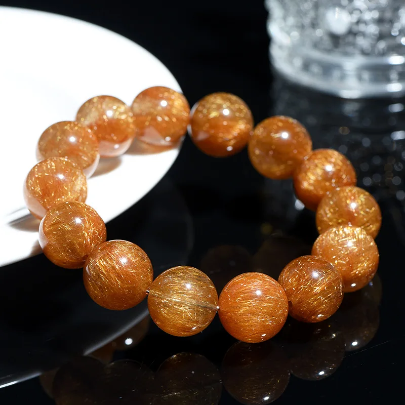 

Браслет из натурального кварца с медным рутилом 7А+ и круглыми бусинами, с красным медным кристаллом «Кошачий глаз», целебное украшение-подарок