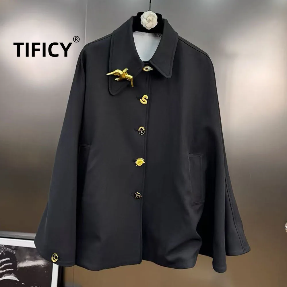 

High Street Trench Coats Women's Autumn French Elegant Temperament Retro Metal Buckle Decoration Cape Windbreaker Loose Jacket