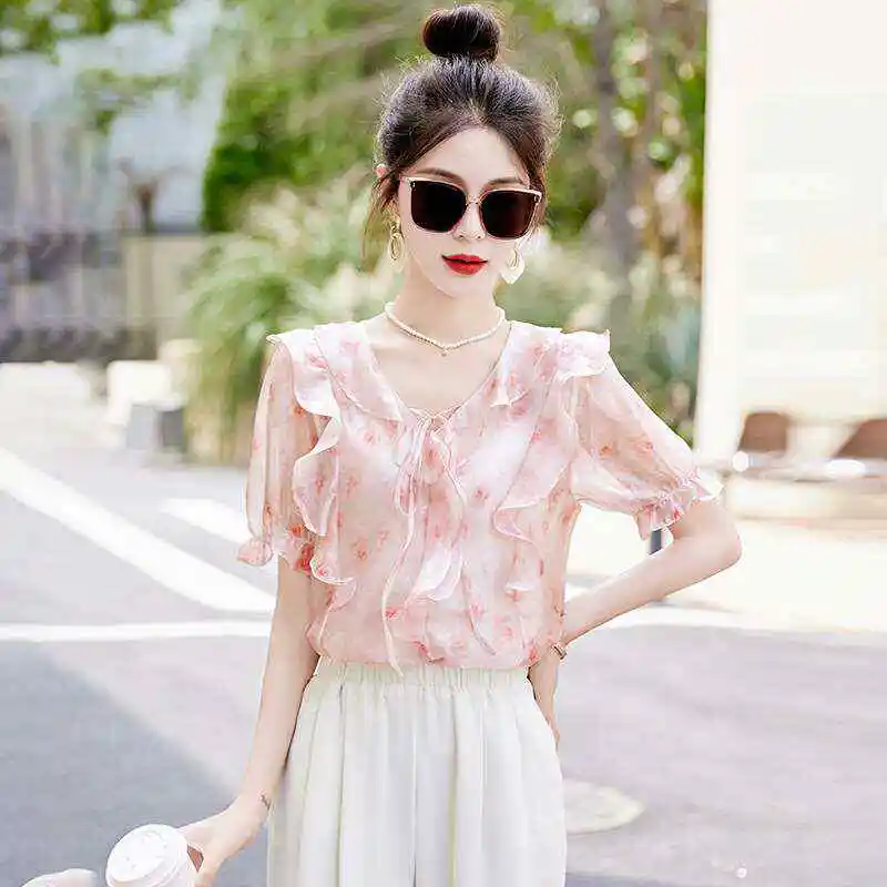

Ele V-ne Floral Lace irt Женская новинка лета Sweet Sle Bell Sve Cotton Blend ort Sve Воротник-стойка irt