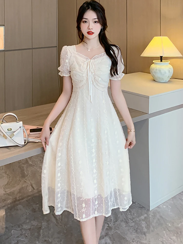 White Jacquard Embroidery Chic Ruffled Square Collar Midi Dress Women Elegant Casual Dance Party Dress 2024 Summer Luxury Dress