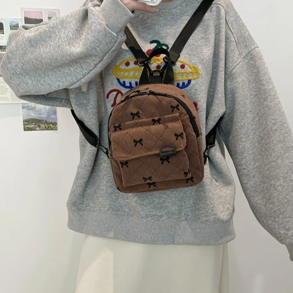 Corduroy Mini Backpack Bowknot Printed Multi Layered Shoulder Bag Cosmetic Storage Bag Korean Style Student School Bag Commute