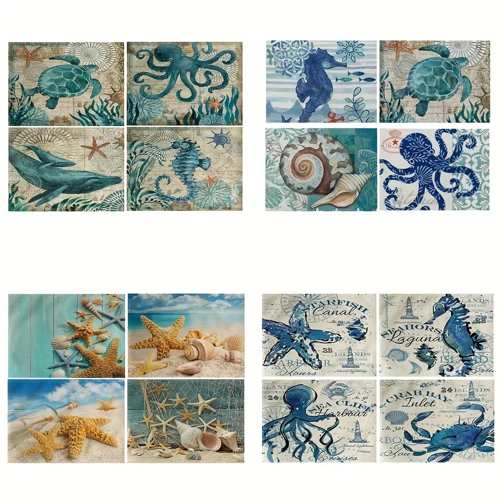 1pc Vintage Ocean Style Encrypted Linen Placemat, Summer Style Seahorse/Starfish/Seashell/Conch Table Mat, Tabletop Protection