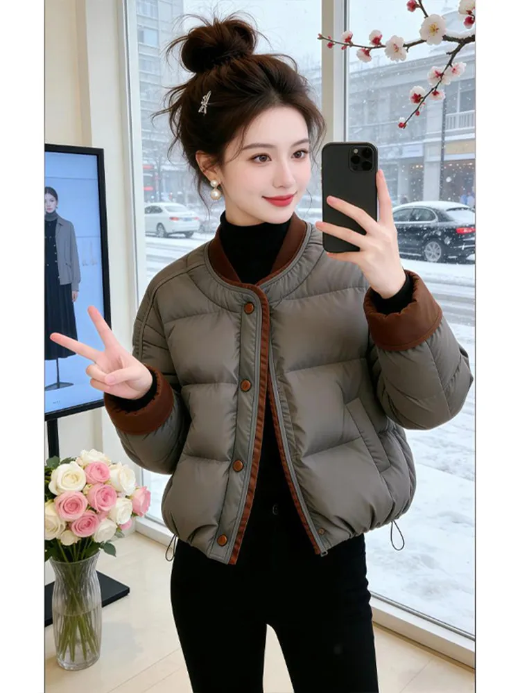 

Ретро-стиль, корейский дизайн, бейсбольный воротник, цветной блок, хлопковая куртка, женская зимняя повседневная верхняя одежда, модное пальто-миди