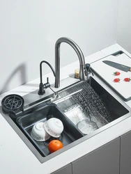 304 Waterfall Kitchen Sink 60*45cm Stainless Steel Sink Large Single basin With Single Slot Sink Above Counter With Cup Disher