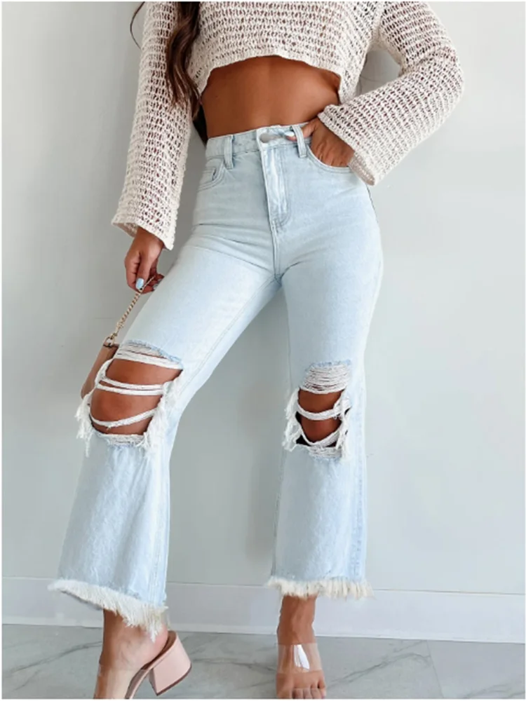 Ripped Loose Pants Blue Pocket Women's Jeans High Street Fashion Daily Office Autumn Straight Leg Pants 2