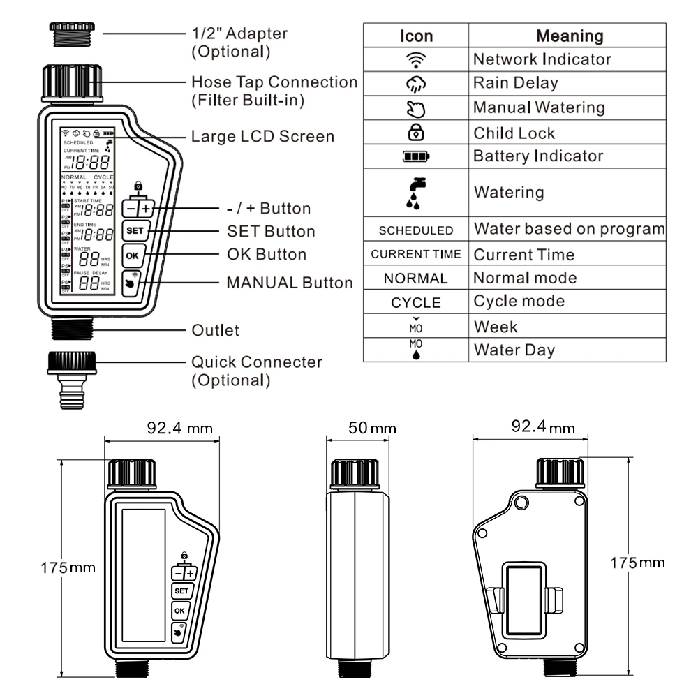 Avatto-Tuya WiFi Smart Watering Timer, Jardim Relvado, Controlador de Irrigação Automática, Water Proof, Alexa, Google Home, UE, EUA