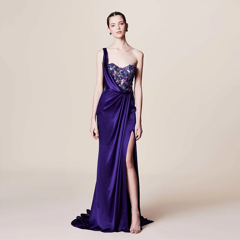 

2146 Marchsea Shoulder Straps Purple Beaded Satin vestidos de noche vestidos de galaevening dresses فستان العيد