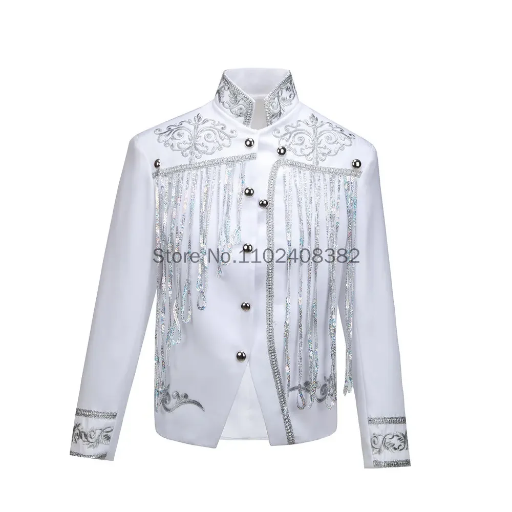 New Steampunk Men's Jacket DJ Dancer Ternos White Men Costumes Clothing Black and Gold Blazer with Sequin Tassels for Performer